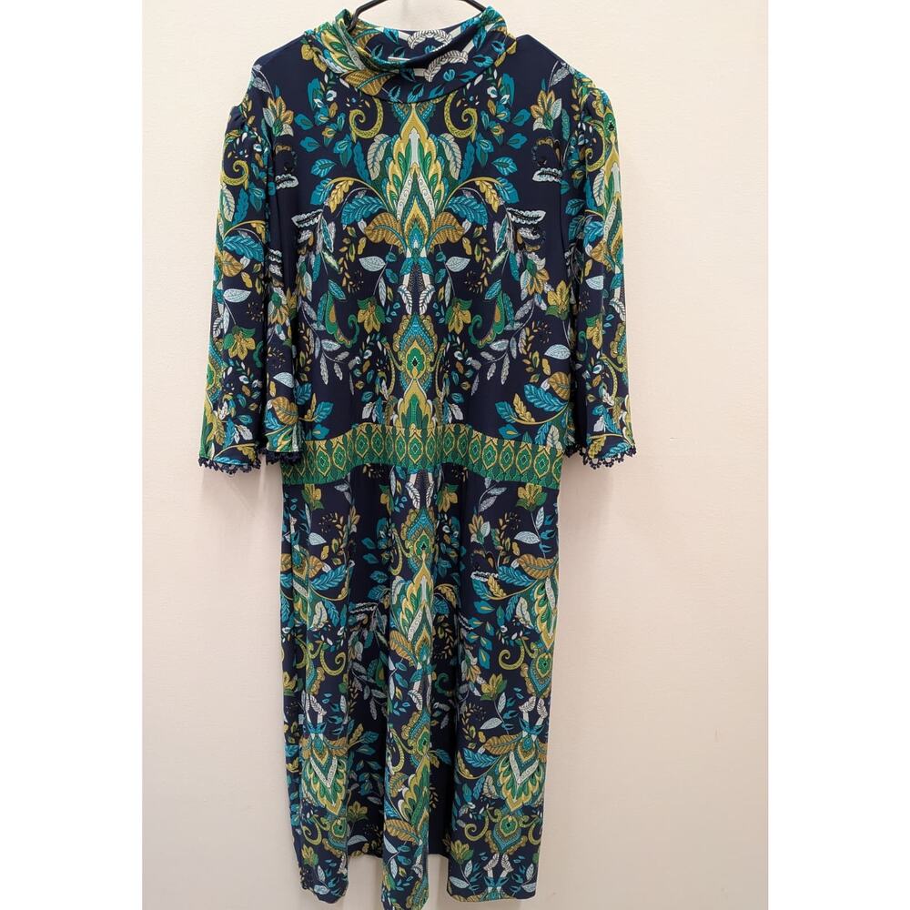 Susan Graver Women’s Paisley Midi Dress XL Blue Green Boho Mock Neck